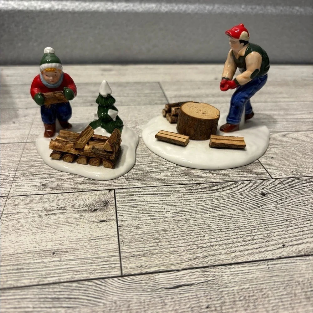 Charming Winter Scene Figurines with Woodcutters